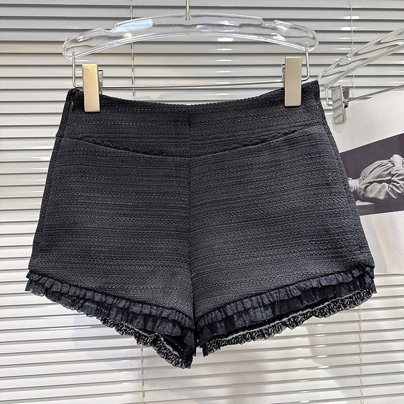 Winter New Sweet Fashion Style Lace Ruffle Hem Woolen Shorts For Women Solid Color Versatile Short Pants 11A07813 Black