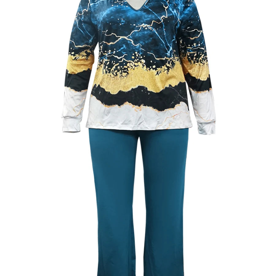 LW Plus Size V Neck Mixed Print Side Split Pants Set Casual Long Sleeve Top Fashion Loose Two Piece Set Outfit