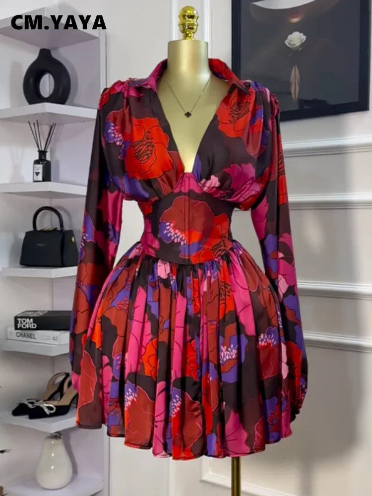 Women V-neck Long Sleeve Pleated Floral Print Mini Dress Sweet elegant Sexy Birthday Beach Night Party Vestidos Dresses