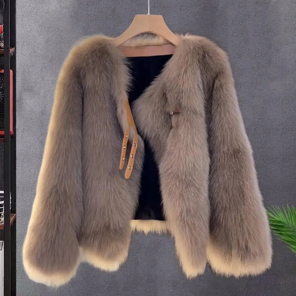 Auutmn Winter Cardigan Coat Furry Plush Buckle And Strap Decor Long Sleeves Thickened Faux Fur Knitted Sweater Jacket
