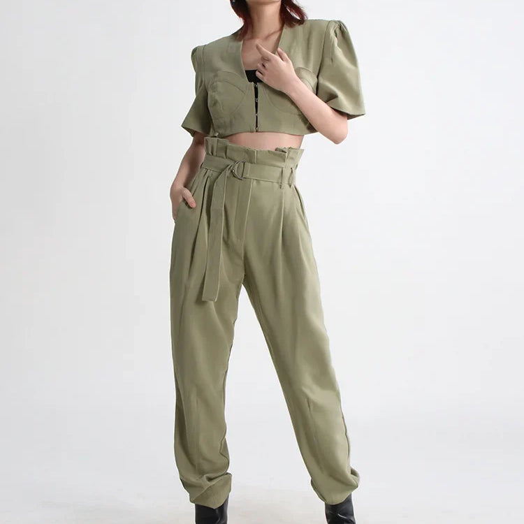 VGH Slim Two Piece Sets For Women V Neck Short Sleeve Crop Tops High Waist Spliceed Belt Wide Leg Pants Casual Set Female 2023