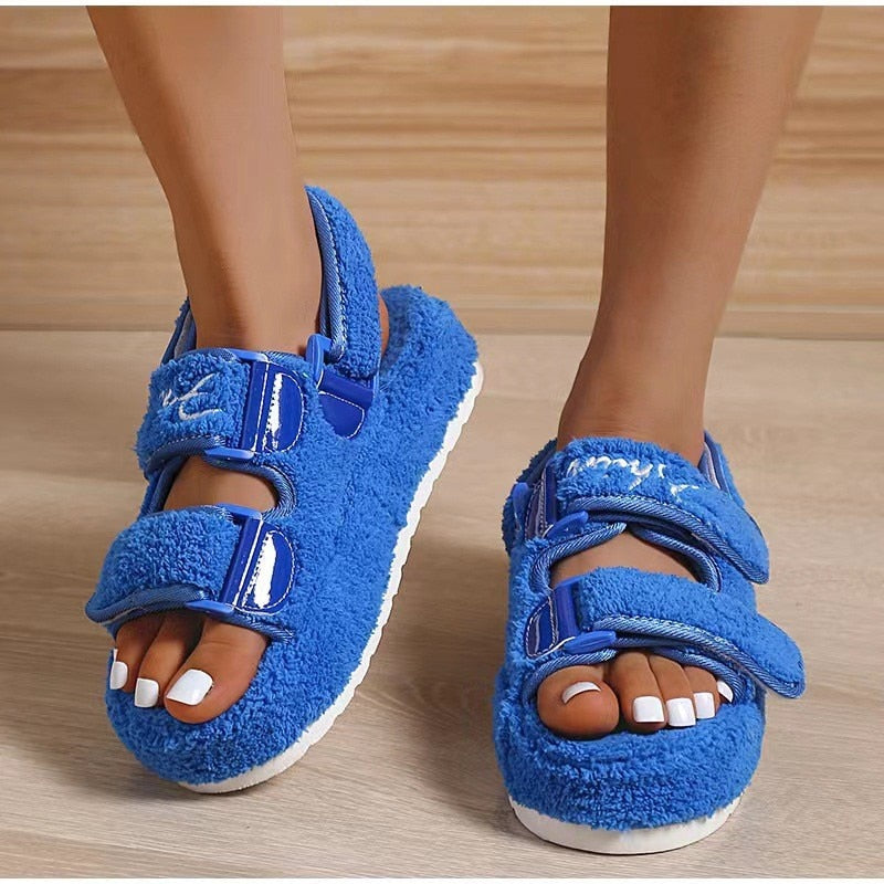 Plush Sandals for Women - New Fashion Platform Shoes Retro Flat Fluffy Furry Casual Shoes Female Light Round Toe Sandalias Blue