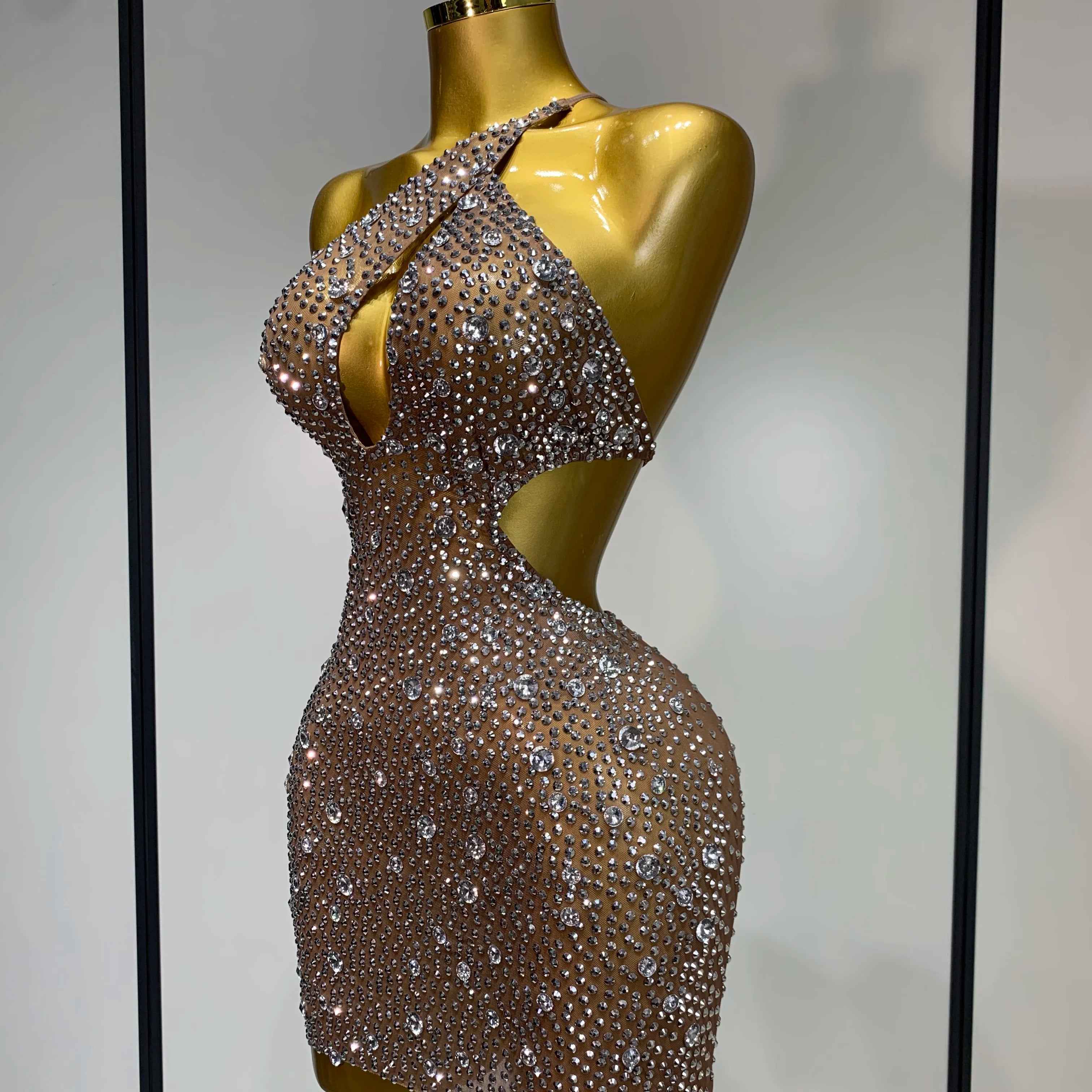 Women Sexy Mesh See Through One Shoulder Luxury Rhinestones Stage Costume Singer Dancer Nightclub Evening Party Birthday Dresses