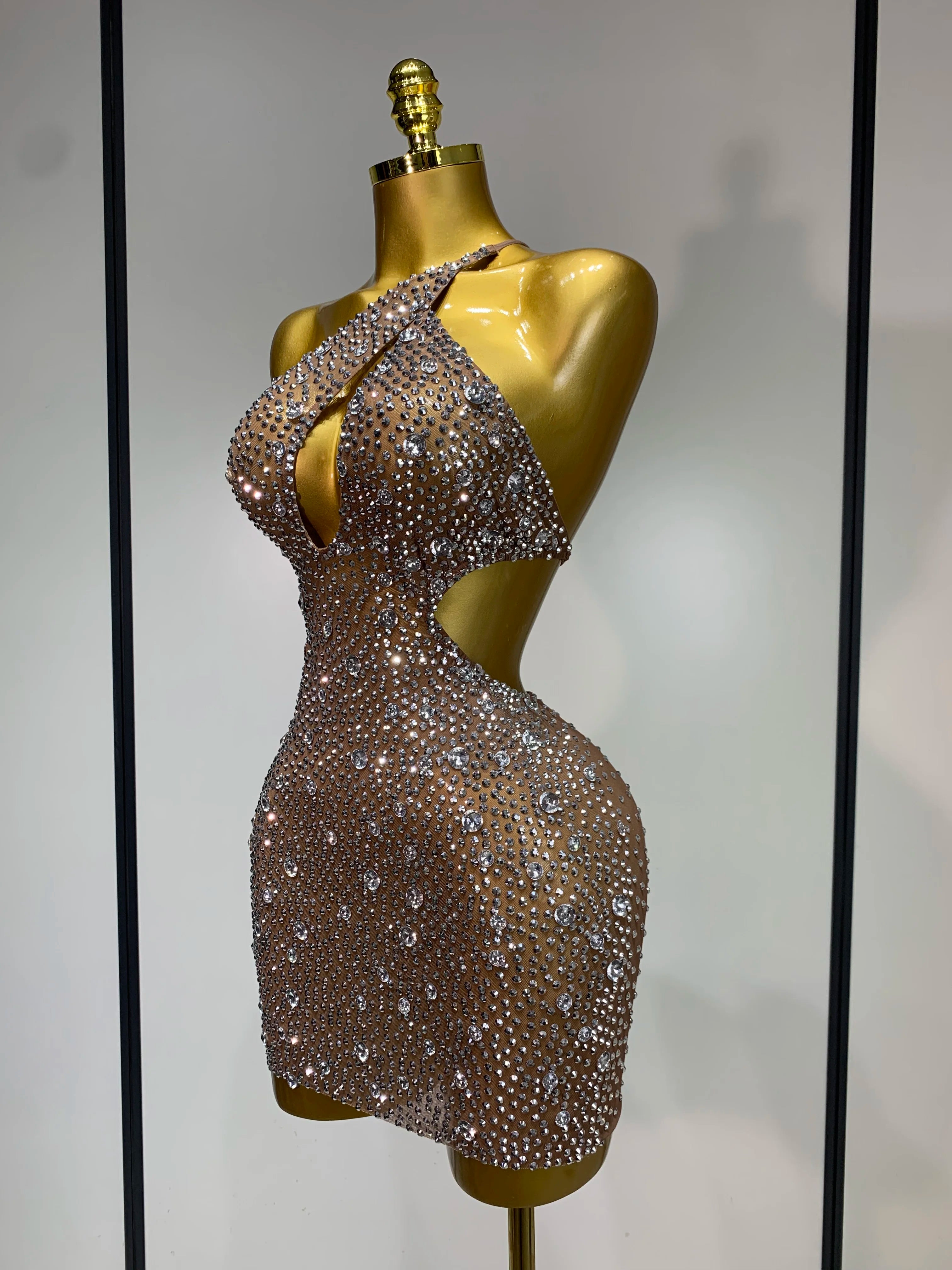 Women Sexy Mesh See Through One Shoulder Luxury Rhinestones Stage Costume Singer Dancer Nightclub Evening Party Birthday Dresses