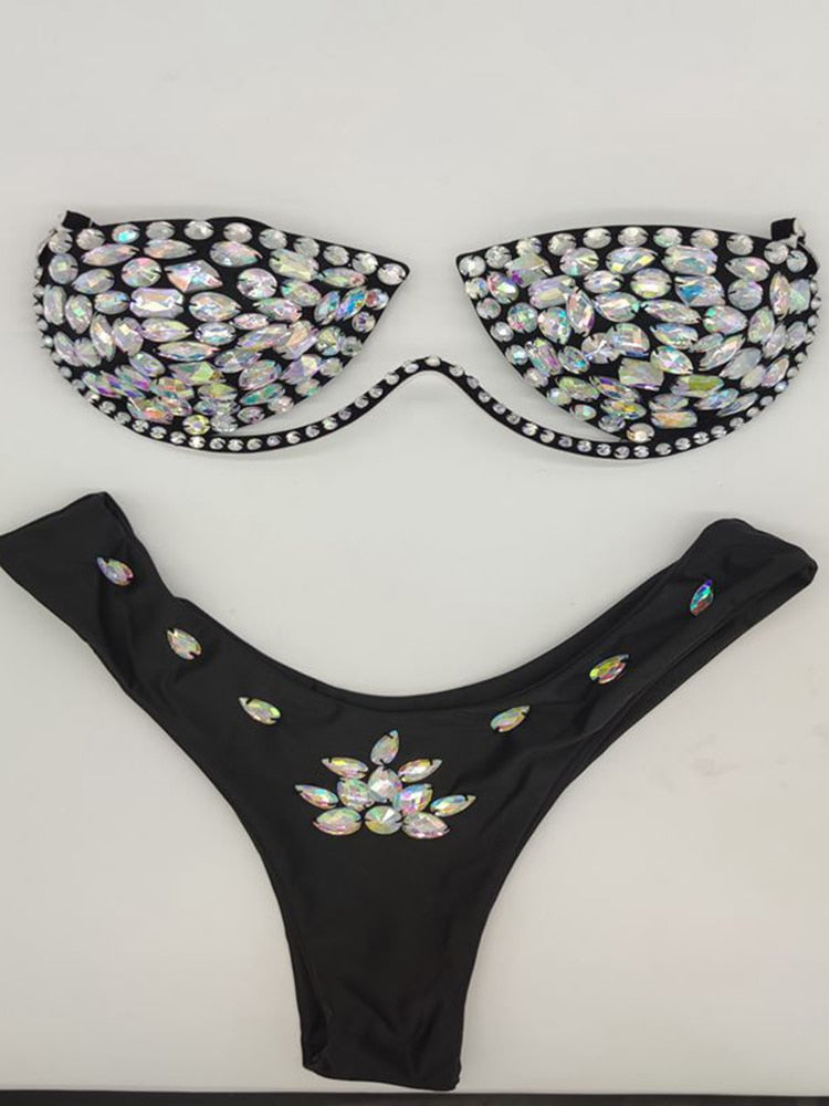 Women's Swimwear Bikini Swimsuit 2024 For Women Summer Beach Shiny Crystal Padded Push Up Bikinis Thong Bathing Sets Outfits Black