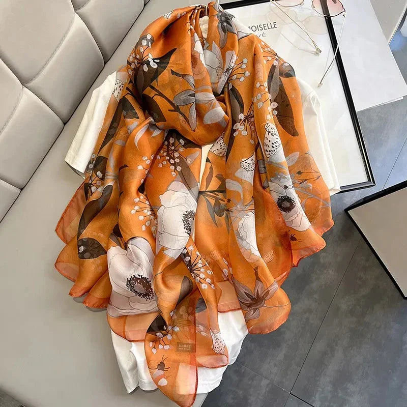 Print Silk Scarf Hijab Women Spring Deisgn Soft Beach Stoles Elegant Head Scarves Echarpe Shawl Satin Large Wrap Echarpe Bandana see chart 43