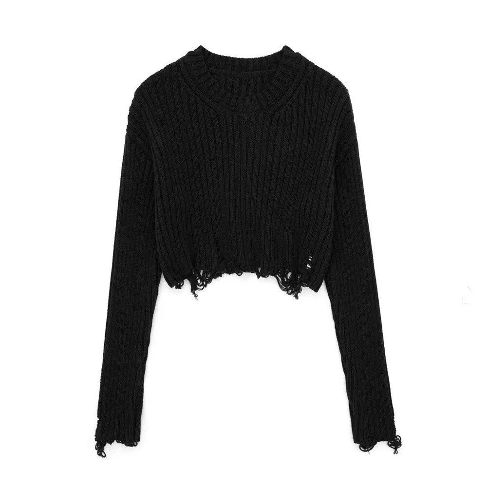 UNIZERA2024 Autumn and Winter New Women's Long Sleeve Round Neck Casual Sweater with Hole Decoration Short Knit Black