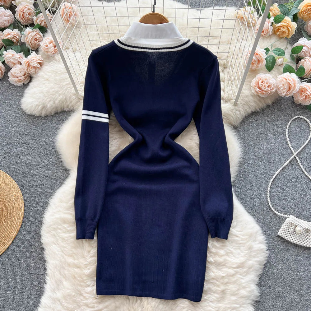 Women Dress Autumn Winter Casual Fake Two Piece Set Long Sleeve Knitted Dress Korean Fashion Mini Dress Vestidos