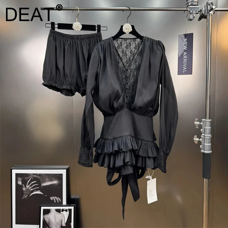 Autumn Winter New Fashion Lace Patchwork Ribbon Shirt Dress For Women High-end Elegant With Shorts Dress 11A07615