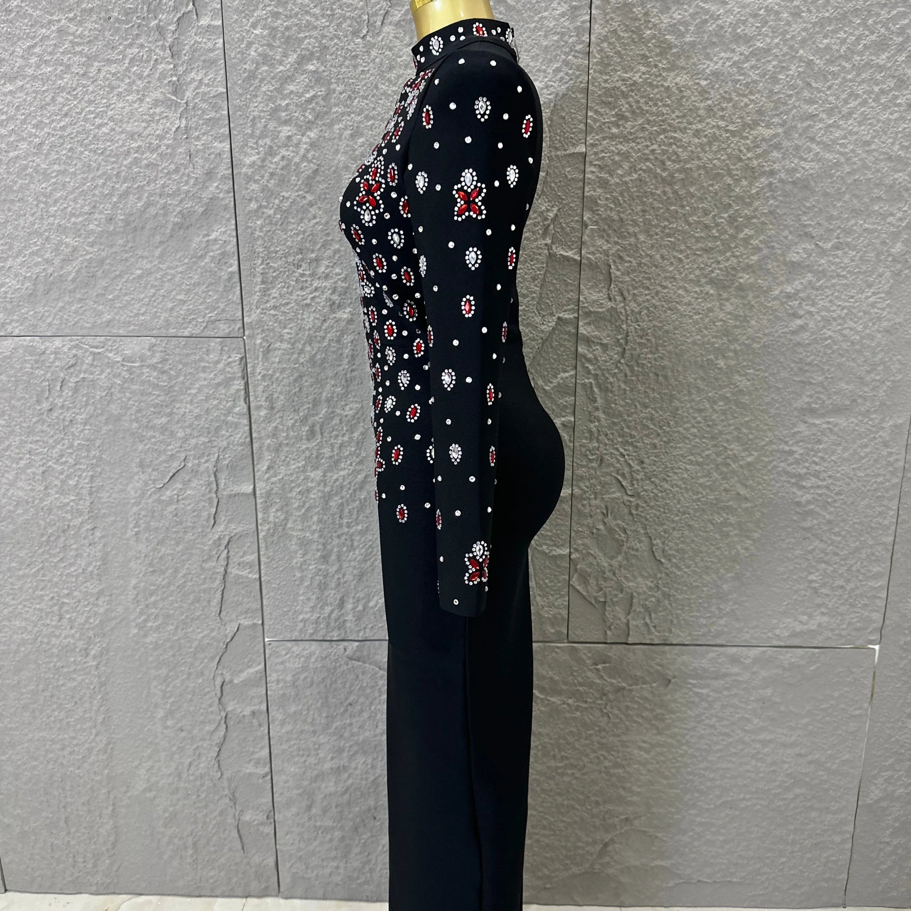 Women Sexy Long Sleeve Crysta  Red Rhinestone Embellished Bodycon Outfit Formal Event Party Elegant Black High Neck Maxi Dress