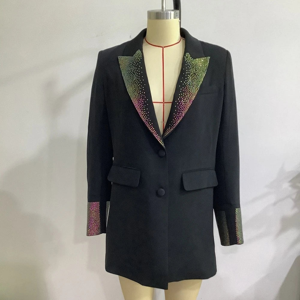 Solid Spliced Sequins Fashion Jackets for Women Lapel Long Sleeves Patchwork Single Breasted Elegant Jacket Female BLACK