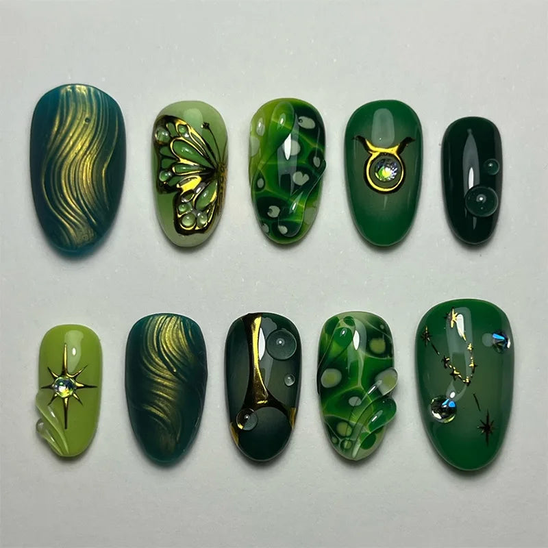 24Pcs Short Oval Rhinestone Spice Girl False Nails Full Cover Gold Powder Butterfly Ripple Pattern Wearable Green Nail Patch Set 1