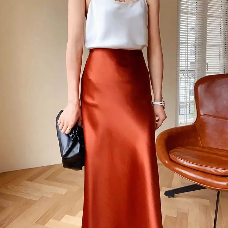 High Waisted Satin Long Skirts for Women Spring/Summer New Women's Skirt A-line Fashion Elegant Slim Fit Grey Black Skirt red