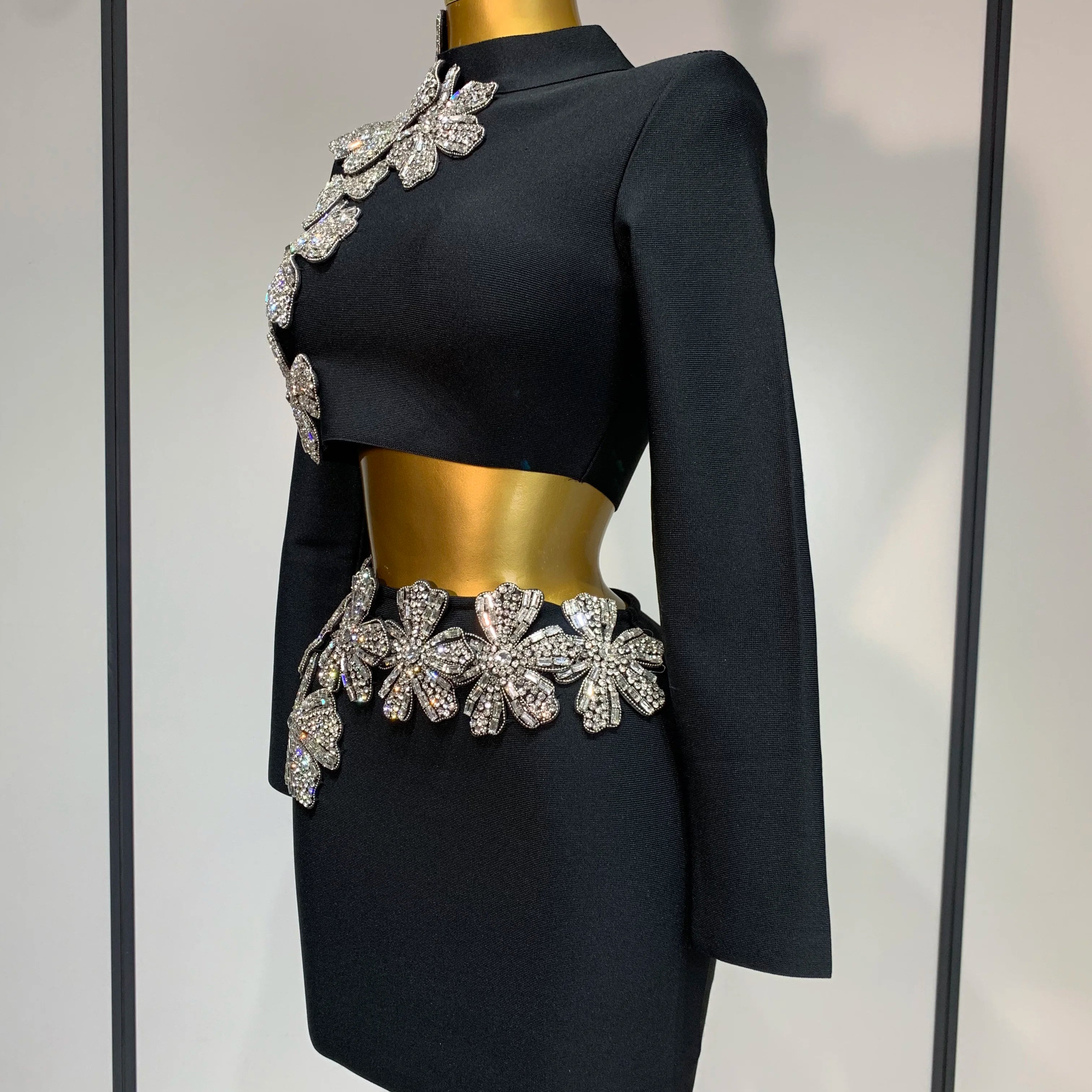 Women Long Sleeves Bandage Two Piece Sets Turtleneck Shiny Diamonds Flower Top Bodycon Mini Skirts Suits Evening Club Party Set