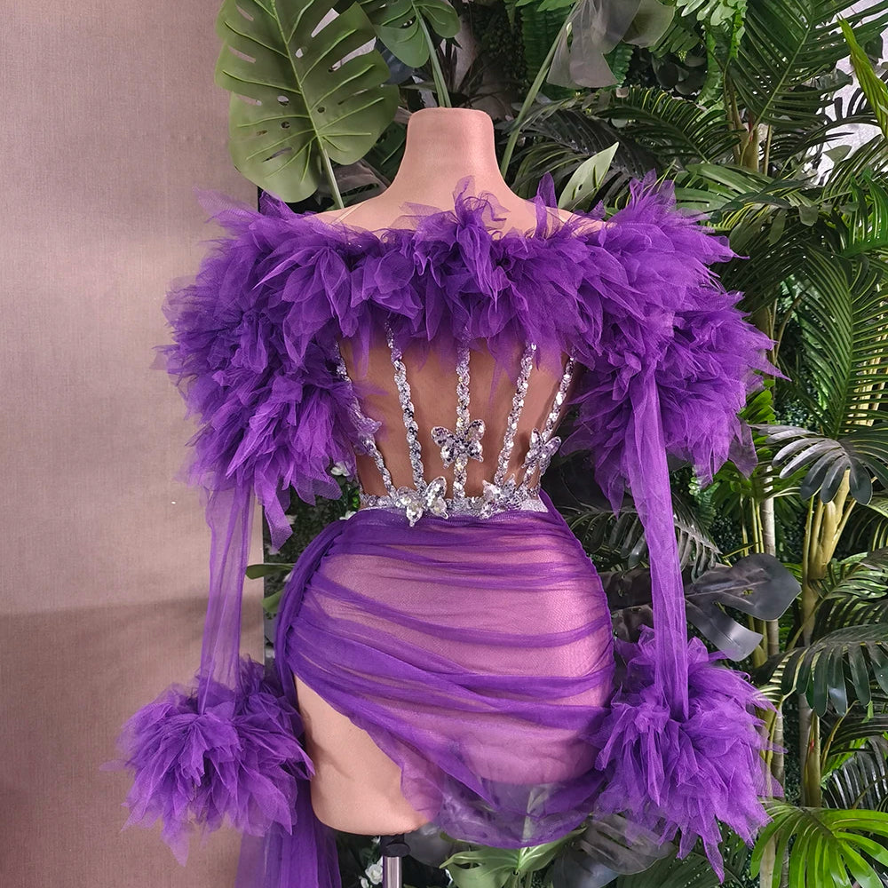 White Purple Women Sexy Strapless Mesh Ruffles 2 Pieces Bodycon Mini Dress See Through Celebrate Nightclub Party Birthday Wear