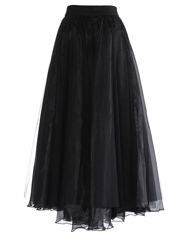 [EAM] High Waist Khaki Buckle Irregular Mesh Long A-line Half-body Skirt Women Fashion Tide New Spring Autumn 1DH0633