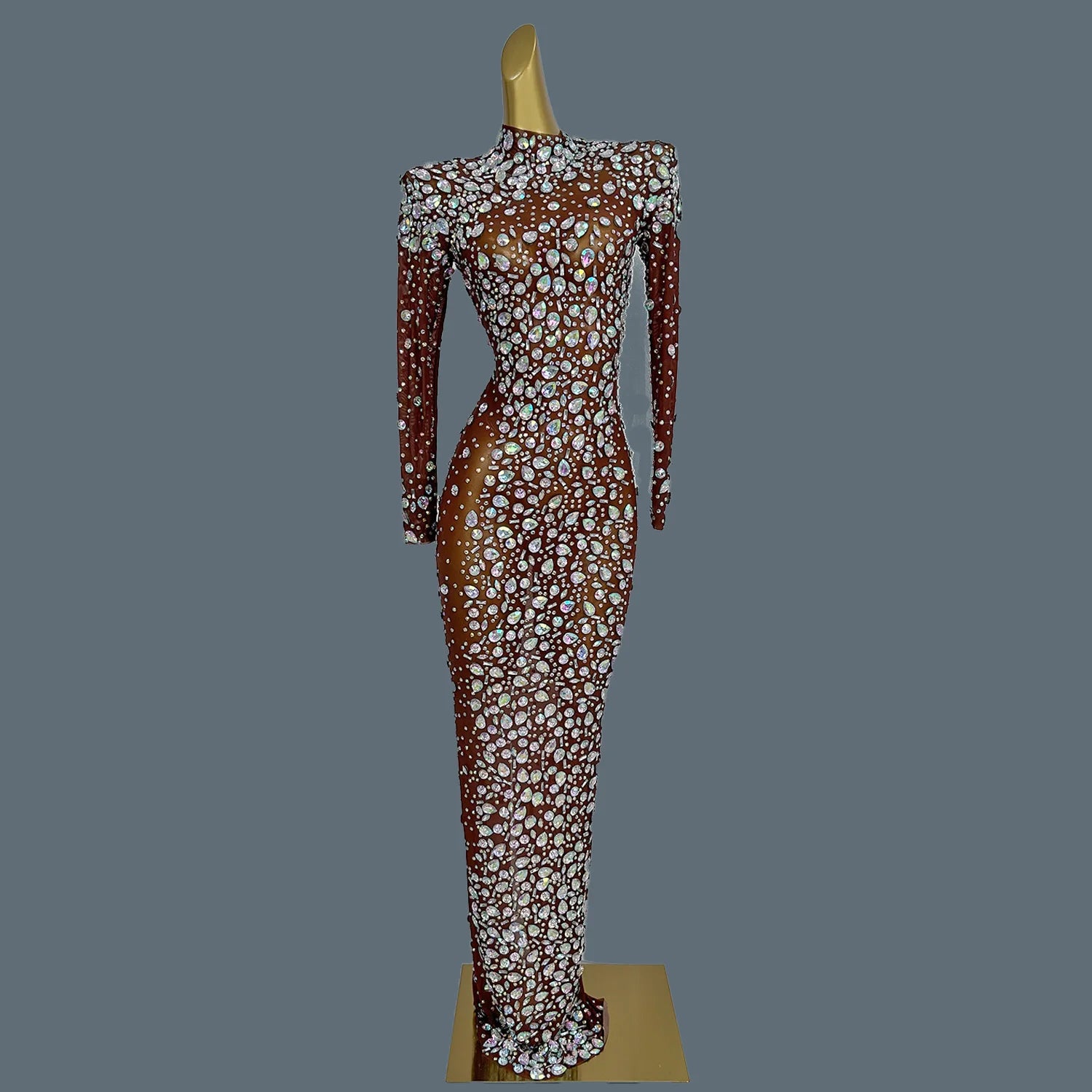 Sparkly Rhinstones Long Sleeve Elegant Party Dress Women Luxury Performance Stage Wear Evening Birthday Holiday Gown Caicui Brown