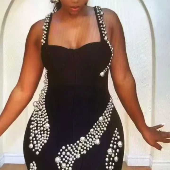 Women Sleeveless Sexy Square Collar Beading Bodycon Mini Bandage Dress Nightclub Party Celebrate Birthday Outfit Vestido Silver