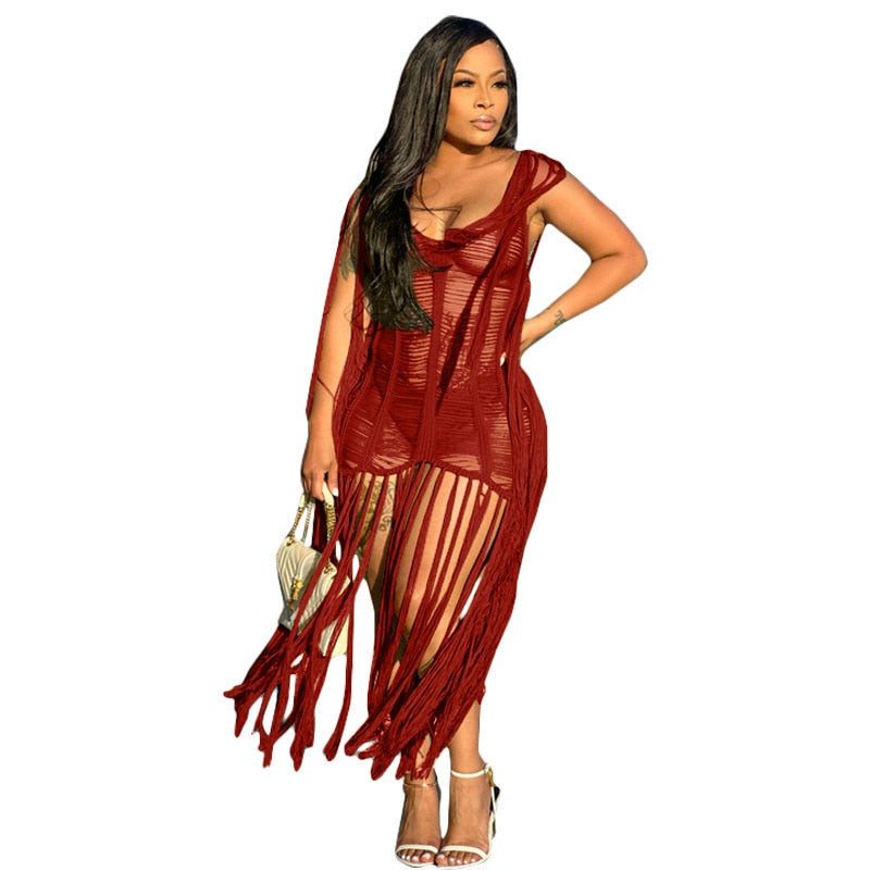 Sexy Crochet Knit Rib Tassel Mini Dress for Women Summer 2024 Fashion Sleeveless See Through Club Party Dresses Beach Wear Robe burgundy