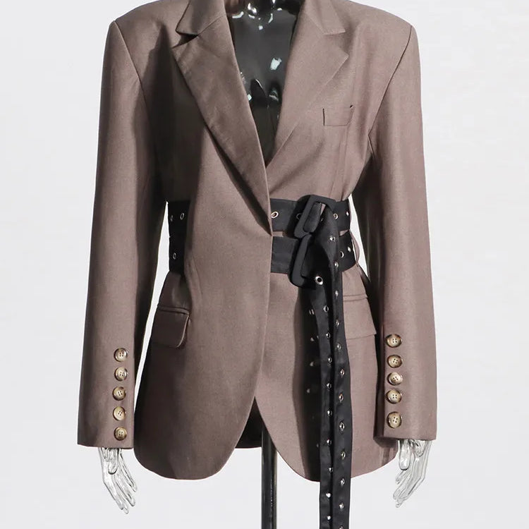 Patchwork Belt Chic Blazer For Women Notched Collar Long Sleeve Spliced Pocket Temperament Blazers Female Fashion BROWN