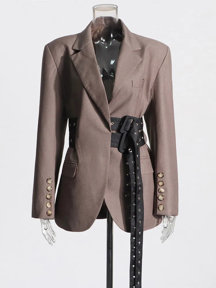 Patchwork Belt Chic Blazer For Women Notched Collar Long Sleeve Spliced Pocket Temperament Blazers Female Fashion BROWN