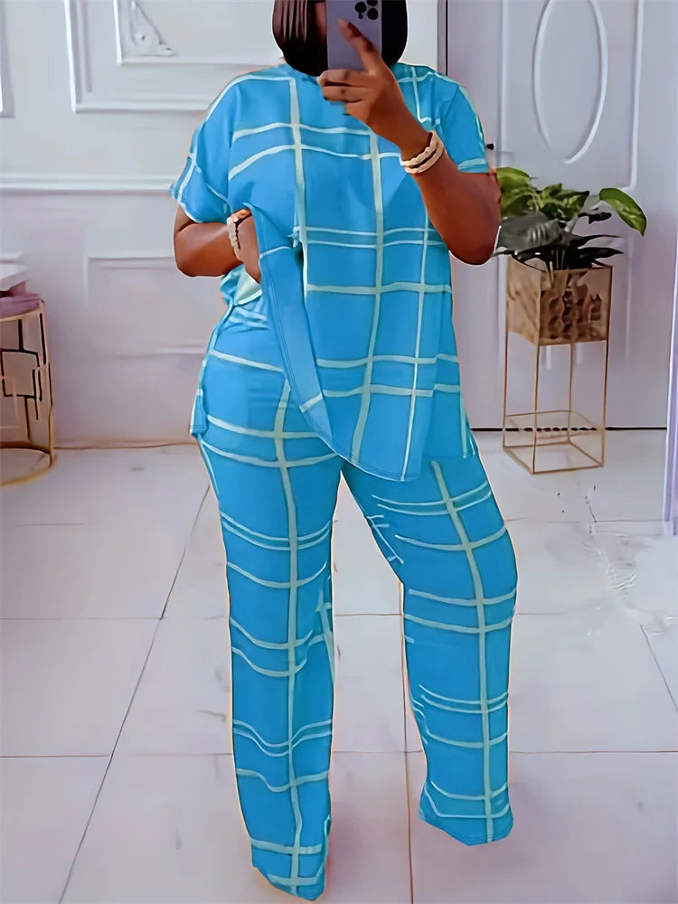 Wmstar Plus Size Two Piece Outfits Women Loose Striped Short Sleeve Top Wide Leg Pants Set Tracksuits Wholesale Dropshipping Blue