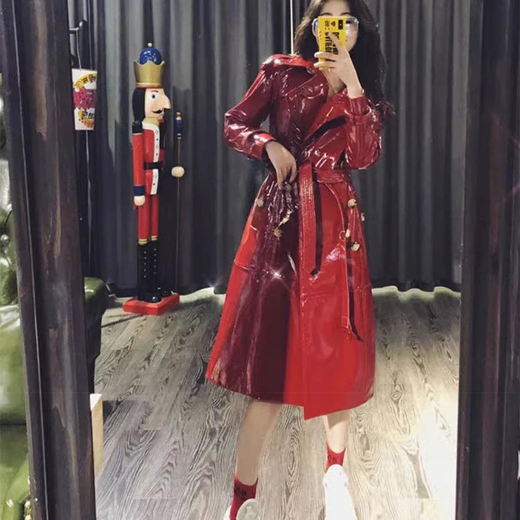 Autumn Long Shiny Reflective Patent Faux Leather Trench Coat for Women Sashes Double Breasted Runway European Fashion