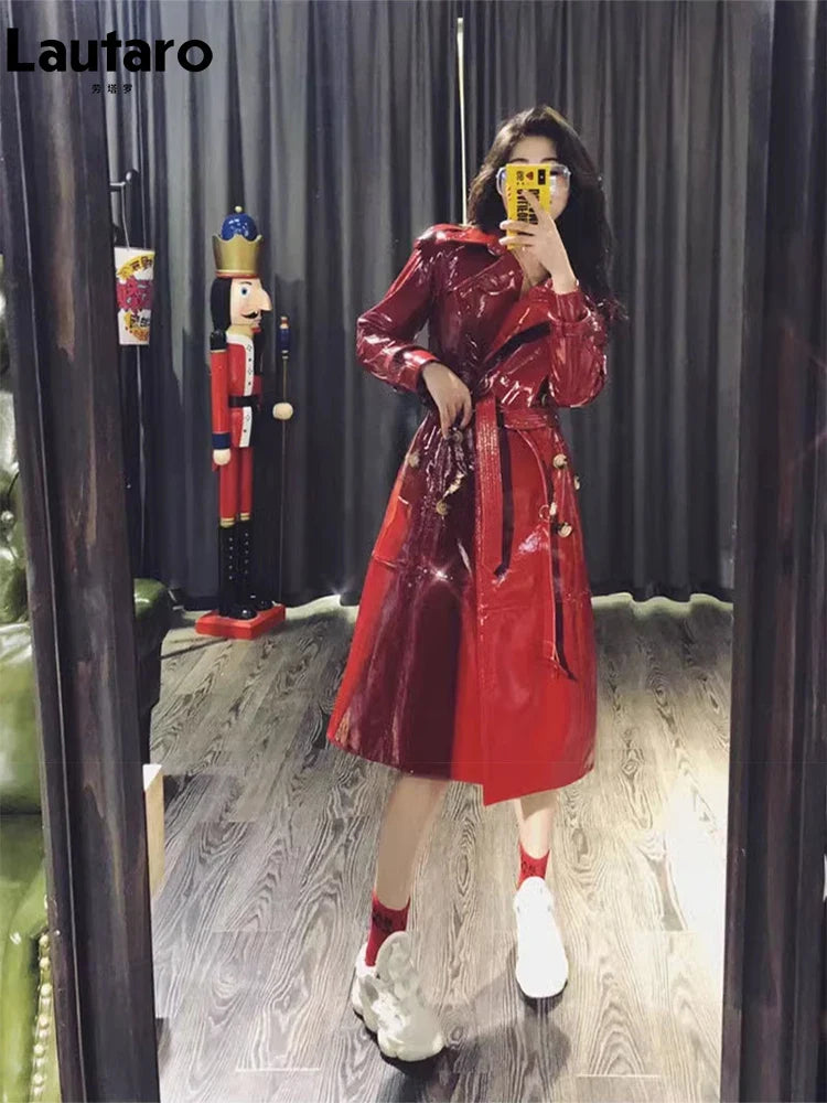 Autumn Long Shiny Reflective Patent Faux Leather Trench Coat for Women Sashes Double Breasted Runway European Fashion