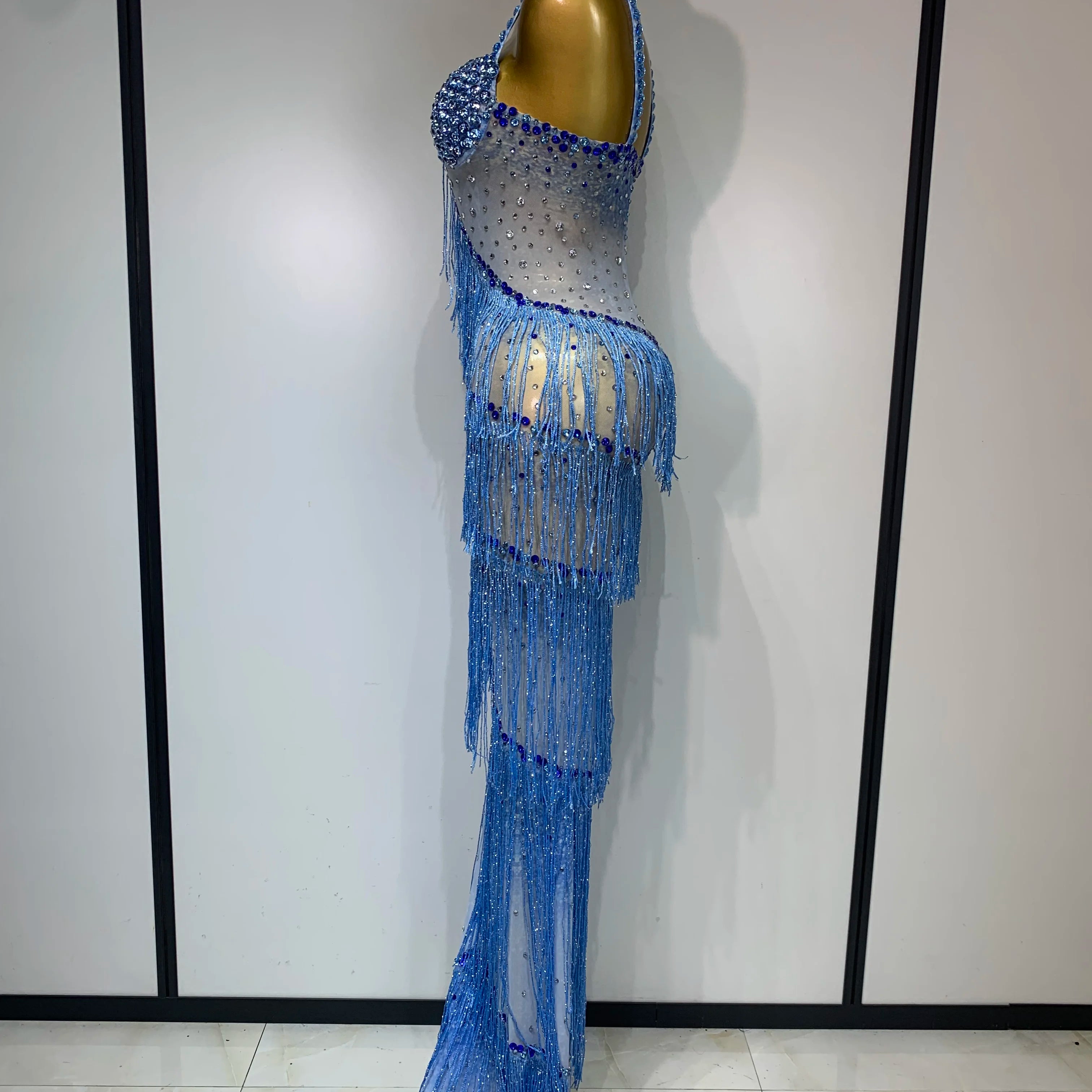 Sparkly Rhinestones Fringes Maxi Long Dress Women Sexy Transparent Elagant Evening Party Birthday Dress Photo Shoot Outfit