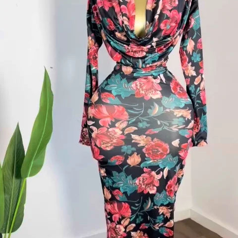 Women Rose Printed Long Sleeve Pile Neck Bodycon Midi Maxi Long Dress 2025 Summer Birthday Vacation Sexy Party Dresses black01