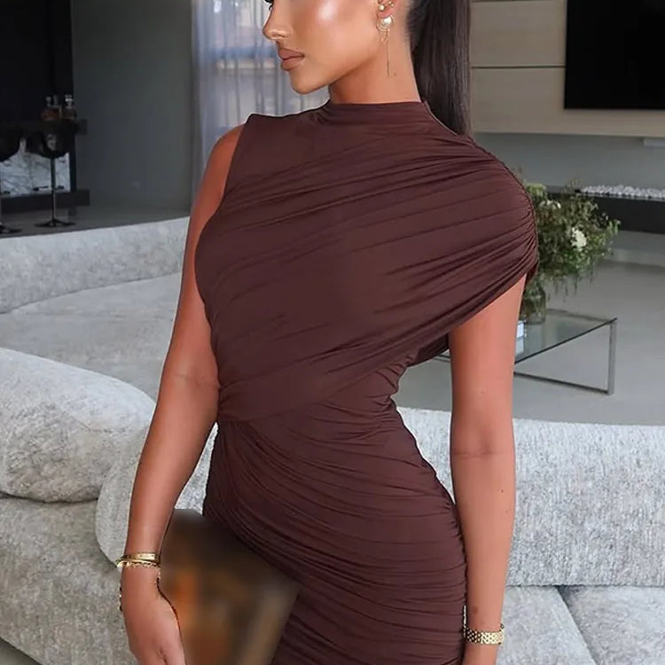 Brown Pleat Women Mini Vestidos Elegant Draped Ruched Turtleneck Sleeveless Slim Fit Dresses Summer Woman Club Party Short Dress Brown