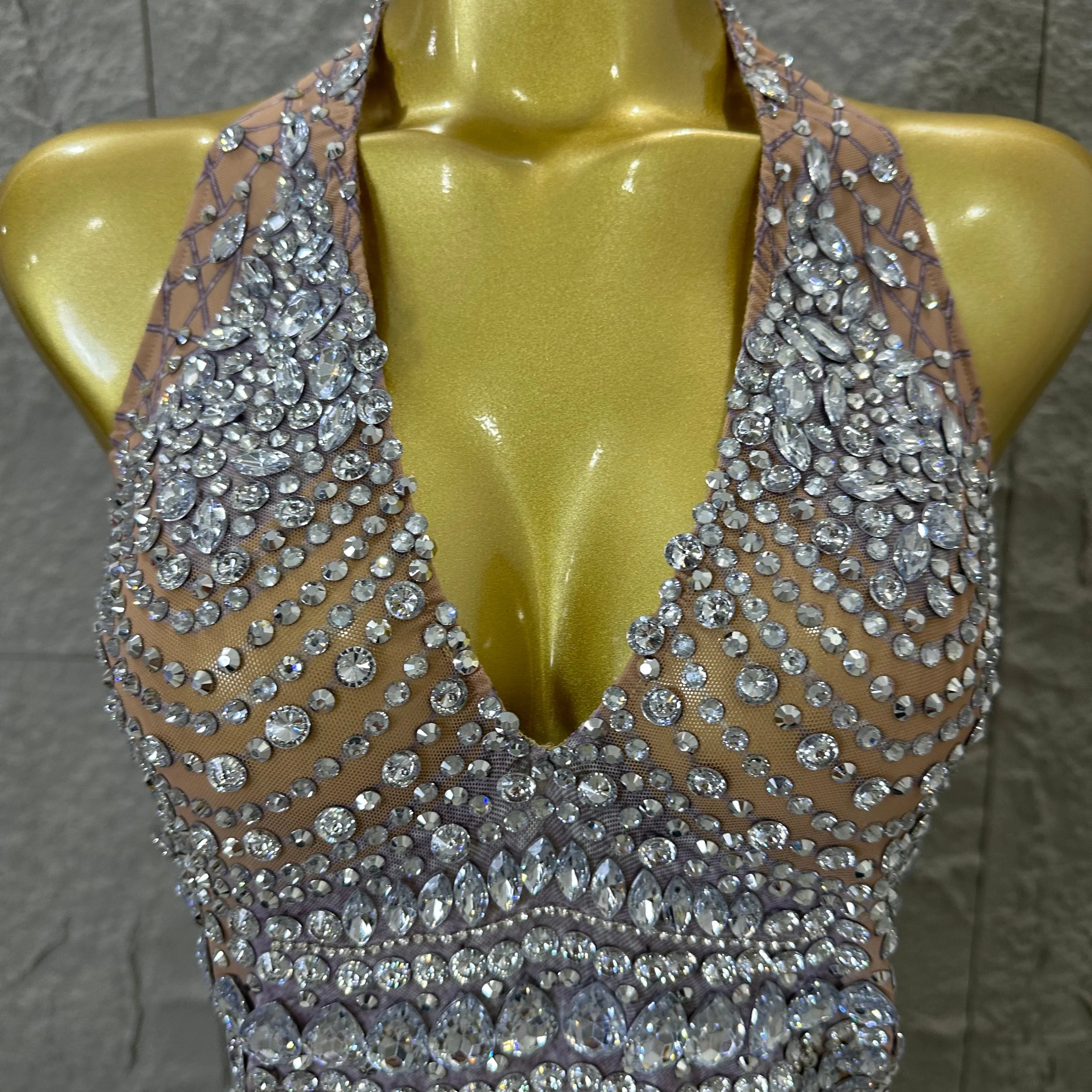 Women Evening Birthday Party Dancer Sexy Nightclub Luxurious Sparkly Crystal Diamonds Print See Through Stretch Mesh Dress