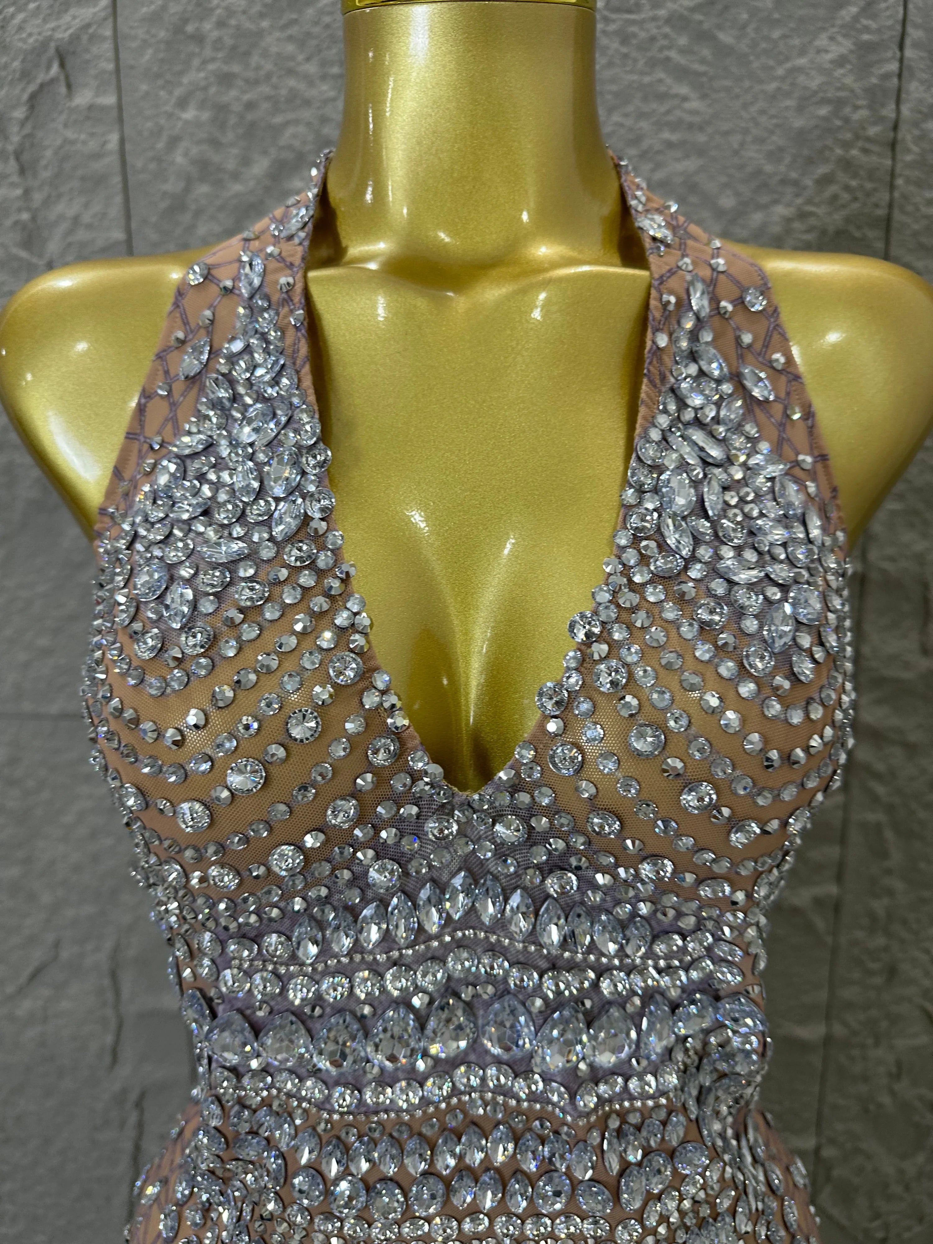 Women Evening Birthday Party Dancer Sexy Nightclub Luxurious Sparkly Crystal Diamonds Print See Through Stretch Mesh Dress