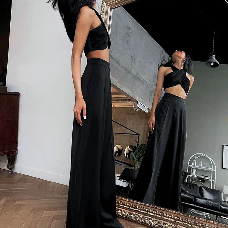 Mnealways18 Fashion Classy Women Palazzo Pants High Waist Floor-Length Satin Trousers Spring Summer High Street Baggy Pants