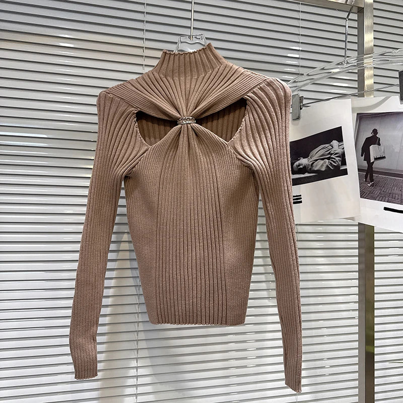 Winter New Fashion Style Detachable Buckle Hollow Design Slim Knitted Sweater For Women Solid Color Top 11A07641 Brown One Size