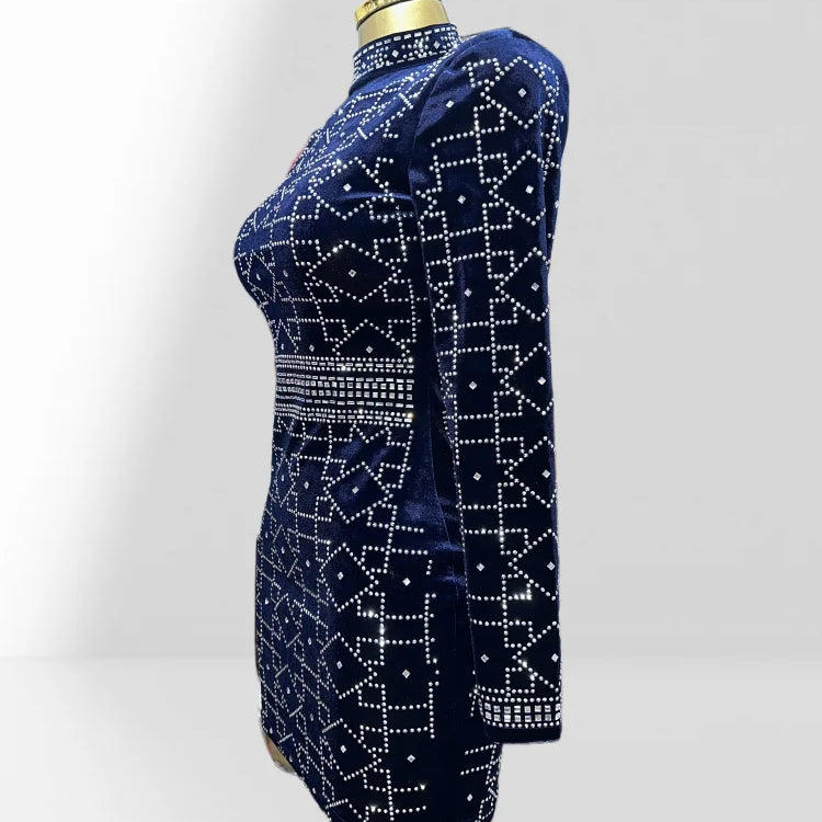 2025 New Dark Blue Velvet Luxury Diamonds O-neck Tuck Waist Mini Dress Fashion Woman Party Dress Celebration Birthday Vestido