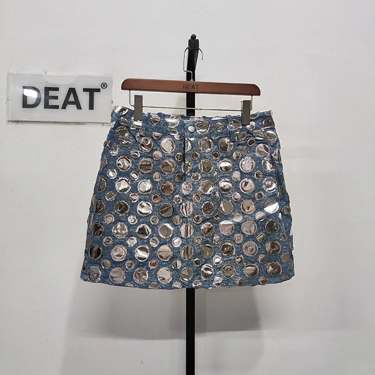 DEAT Summer New Fashion Women's Denim Skirt High Waist Circular Sequin Patchwork Wrap Hip Blue Short Mini Skirts 29L4143 Sky Blue 1