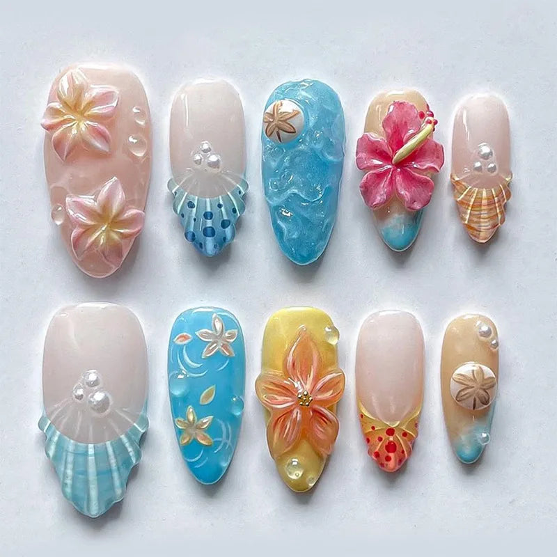 24Pcs 3D Water Ripple Wearable Almond Nail Tips Blue Ocean Shell Design Manicure Colorful Flower Pearl Detachable False Nail Set 1
