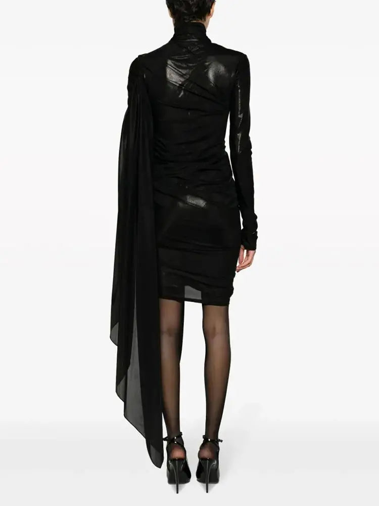 Ailigou New Women's Black Sexy Perspective Mesh Pleated Design Long sleeved Tight Mini Dress Elegant Celebrity Party Dress