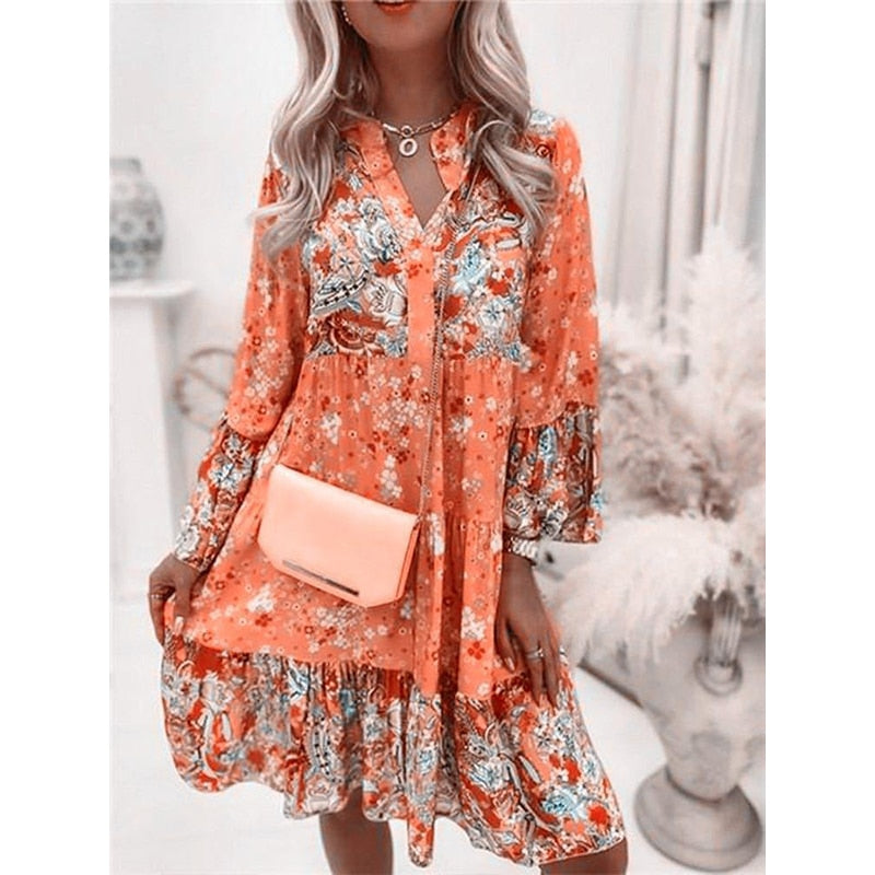 Summer Boho Mini Dress - Flora Print Batwing Sleeve Lace-Up V Neck Loose Button Dresses Ladies Beach Party Dress Vestido orange