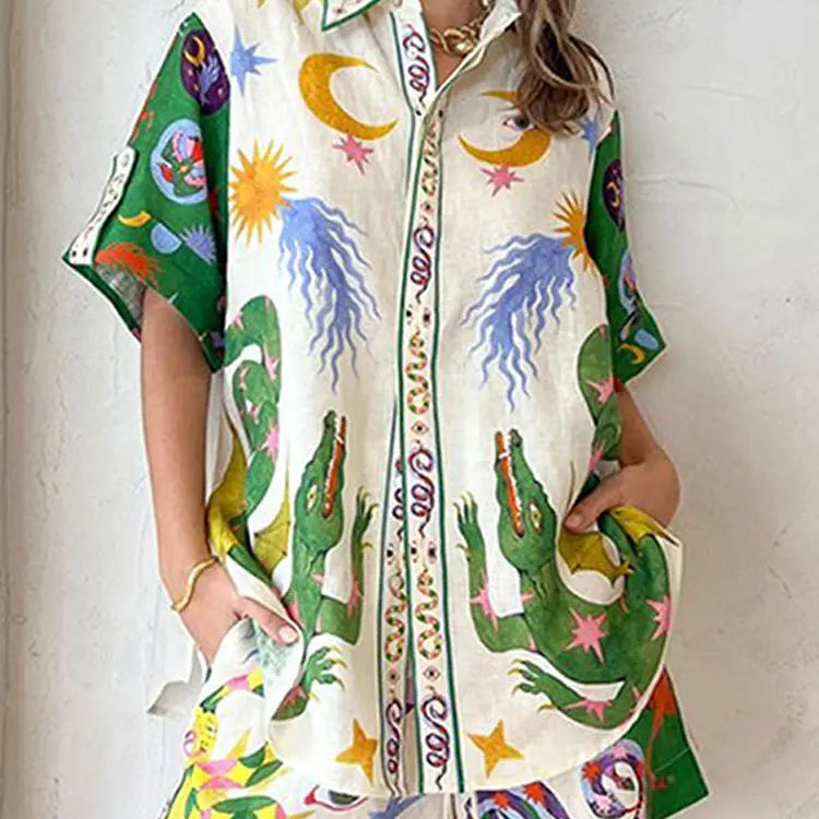 Women Fashion Printed Shorts 2 Piece Sets Causal Loose Lapel Single Breasted Shirts And Drawstring Short Suits Lady Beach Outfit