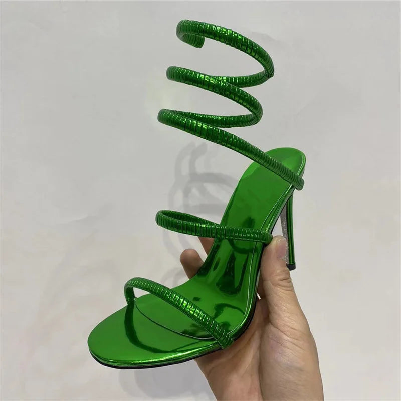 Snake Strap High Heel Sandals Women Summer 2024 Ankle Strap Banquet Party Shoes Narrow Band High Heels Ladies Gladiator Sandals green