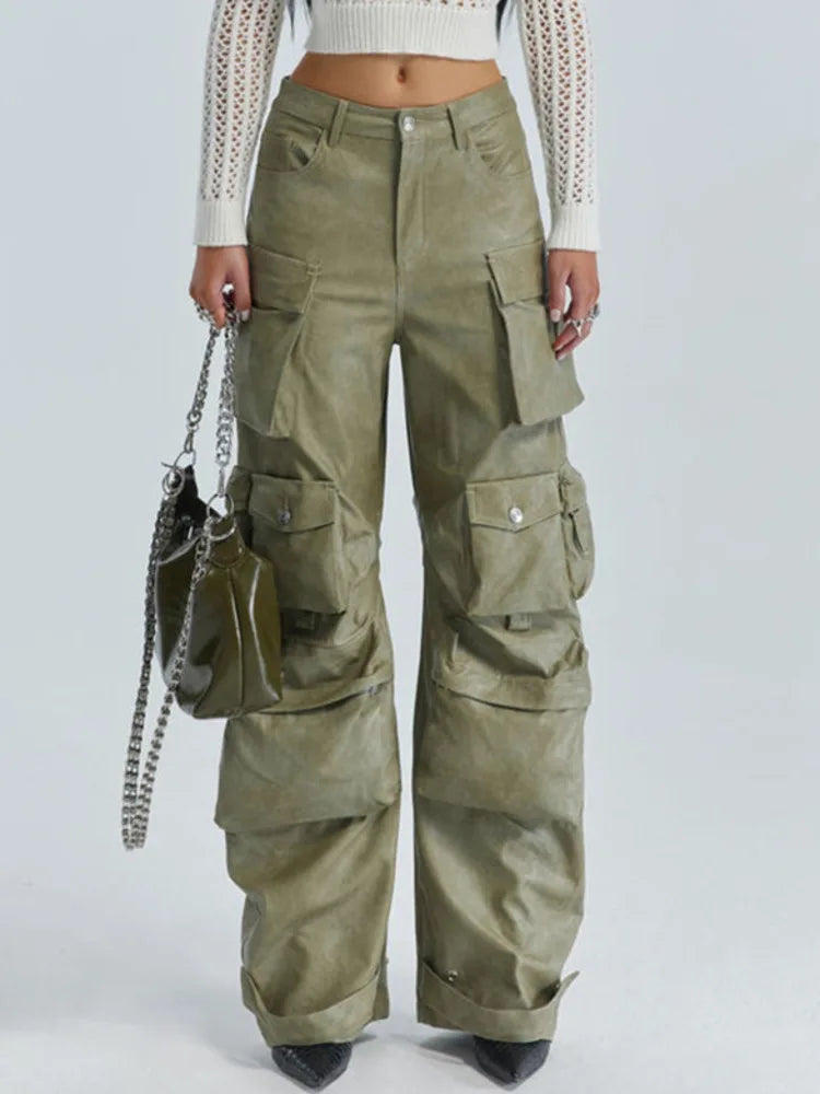 DEAT Multi Pocket Design Vintage PU Leather Pants For Women High Waist Single Button Cargo Trousers Autumn Female 11XX5286