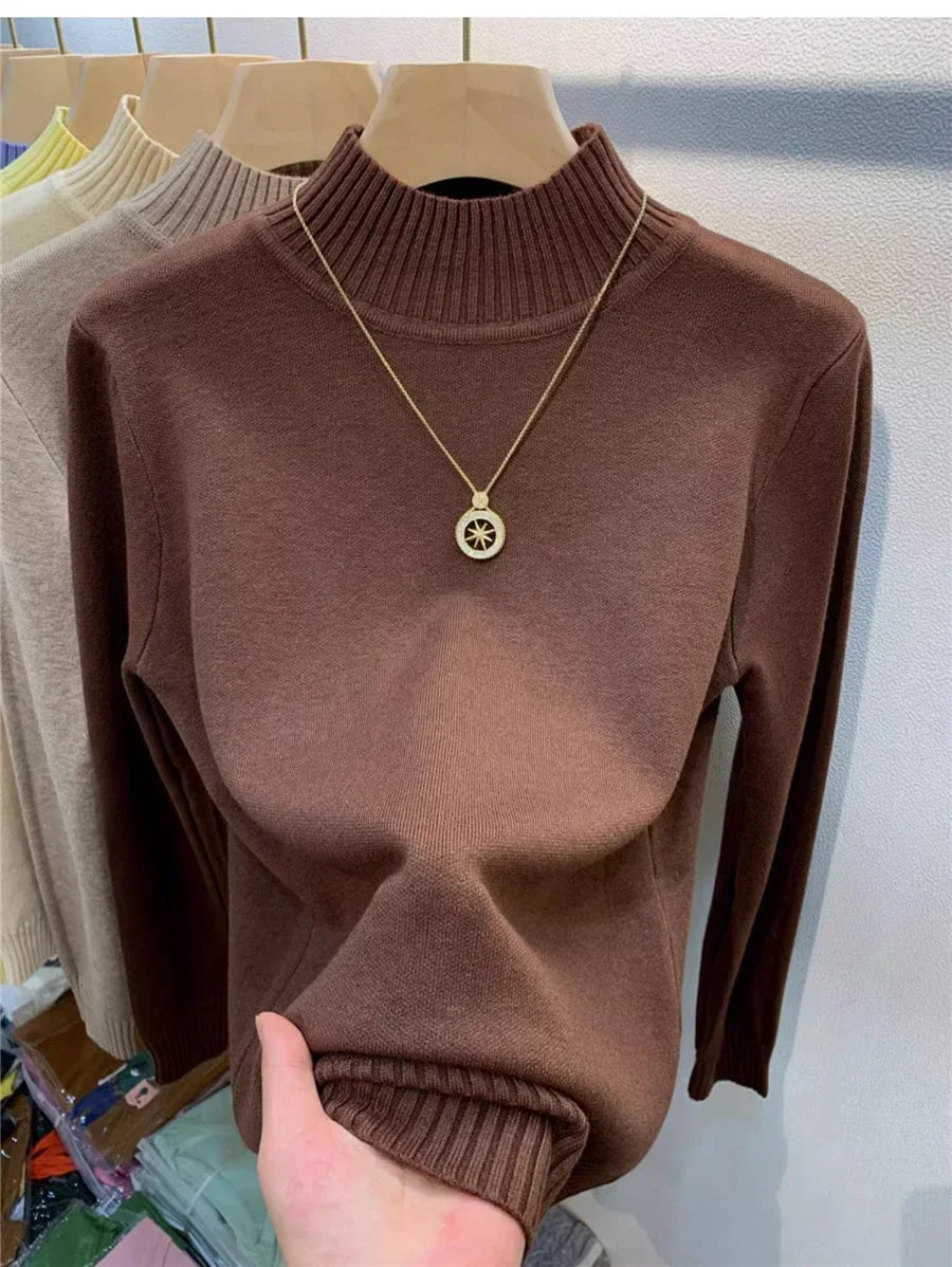 Candy Color Half Turtleneck Sweater Pullover Women Fall Winter Slim Soft Knitwear Jumper Korean Casual Warm Knit Long Sleeve Top coffee