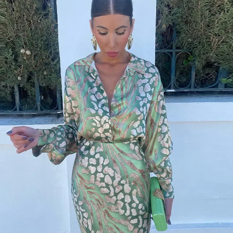 Elegant Printed Shirts Skirts For Women Fashion Lapel Sleeves High Waist 2-piece Suits Summer Lady High Streetwears Green sets
