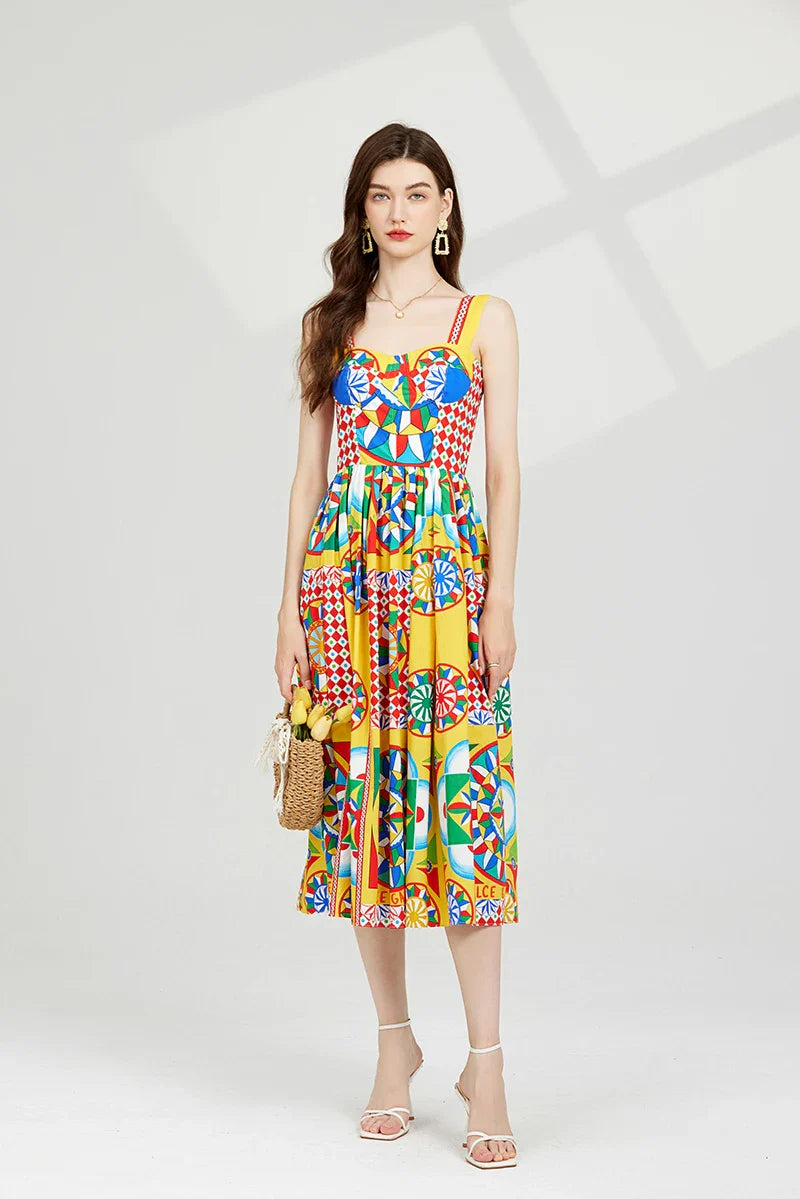 JAMERARY Floral Midi Long Rainbow Stripe Dress Women Fashion Runway Summer A Line Elastic Back Letters Print Vestidos 2023 New 118cm long