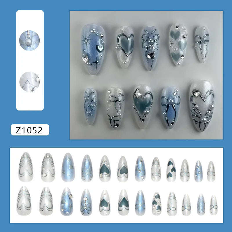 24pcs Y2k Love False Nails Sweet Cool Blue Blush Butterfly Print Fake Nails Tips Wearable Detachable Almond Press on Nails 1