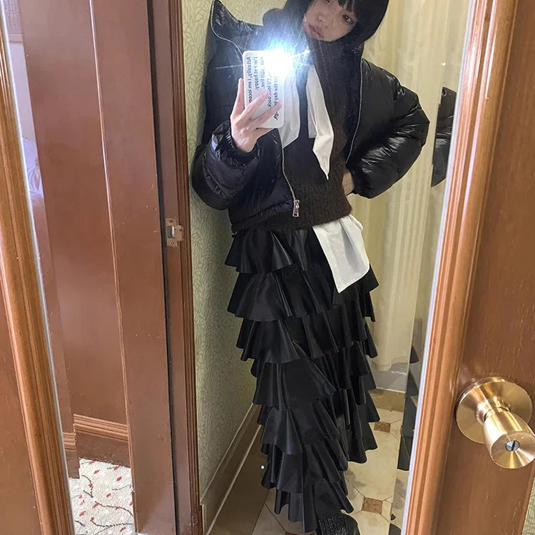 Spring Autumn Black Pu Leather Midi Tiered Skirt Women with Elastic High Waist Long Elegant Luxury Designer Clothes 2023