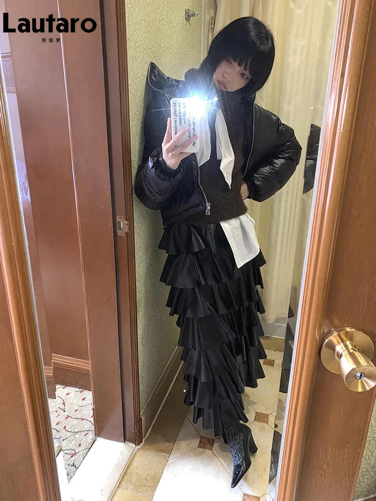 Spring Autumn Black Pu Leather Midi Tiered Skirt Women with Elastic High Waist Long Elegant Luxury Designer Clothes 2023
