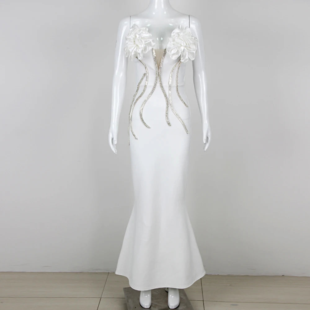 2024 Women Sexy Off the Shoulder Flowers Chain Line Bodycon Bandage Long Dress Celebrate Elegant Evening Party Dress